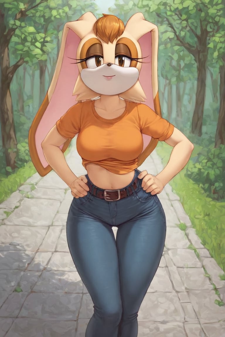 score_9, score_8_up, score_7_up, score_6_up, score_5_up, score_4_up, (Source sonic), (rating safe), vanilla the rabbit, 1girl, solo, outside, wearing black jeans, orange shirt, jacket, large breasts, brown eyes, looking at viewer, standing, outside, trees, fall weather,  , wide hips, rabbit girl, short hair, body fur, hands on hips, anime style,flashing belly,cammystretch, stretching,leaning forward,arms up,stomach_punch,skirt,belt