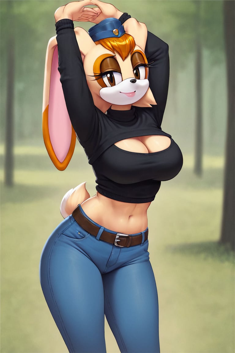 score_9, score_8_up, score_7_up, score_6_up, score_5_up, score_4_up, (Source sonic), (rating safe), vanilla the rabbit, 1girl, solo, outside, wearing blue jeans,  black sweater, shirt cutout, large breasts, brown eyes, looking at viewer, standing, outside, trees, fall weather,  , wide hips, rabbit girl, short hair, body fur, dynamic pose, anime style,flashing belly,cammystretch, stretching,leaning forward,arms up,stomach_punch,Soviet Military uniform,skirt,belt,garrison cap,Lady police 