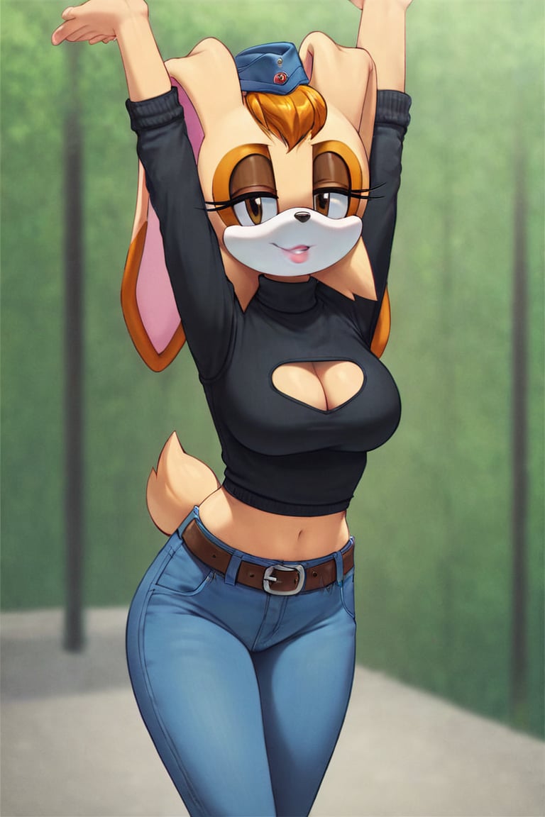 score_9, score_8_up, score_7_up, score_6_up, score_5_up, score_4_up, (Source sonic), (rating safe), vanilla the rabbit, 1girl, solo, outside, wearing blue jeans,  black sweater, shirt cutout, large breasts, brown eyes, looking at viewer, standing, outside, trees, fall weather,  , wide hips, rabbit girl, short hair, body fur, dynamic pose, anime style,flashing belly,cammystretch, stretching,leaning forward,arms up,stomach_punch,Soviet Military uniform,skirt,belt,garrison cap