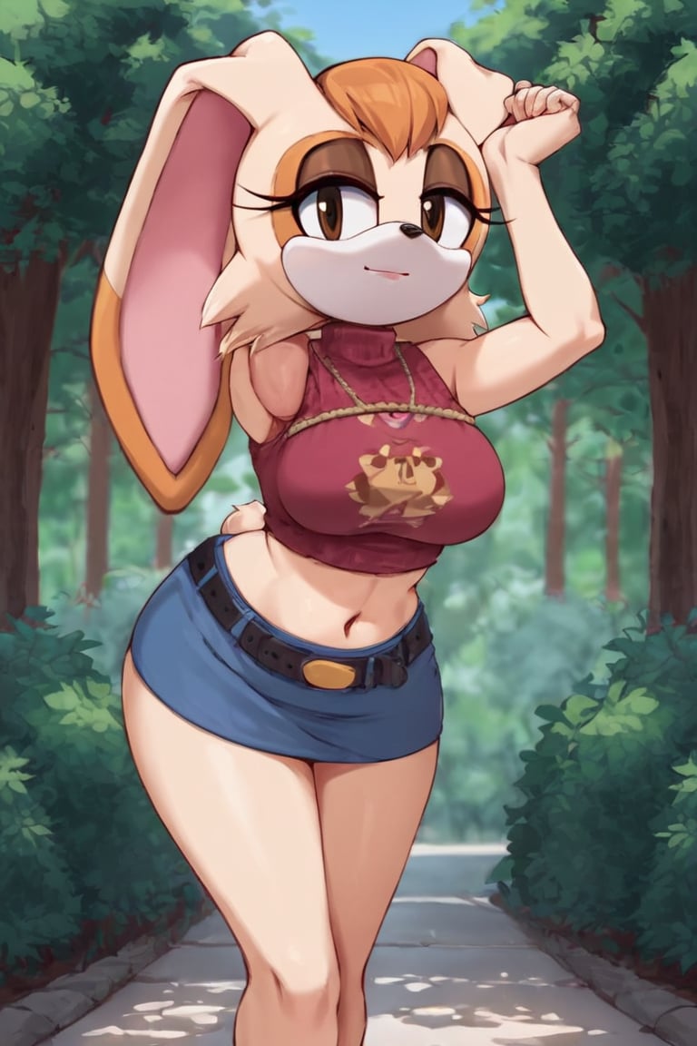 score_9, score_8_up, score_7_up, score_6_up, score_5_up, score_4_up, (Source sonic), (rating safe), vanilla the rabbit, 1girl, solo, outside, short sweater, shirt cutout, large breasts, brown eyes, looking at viewer, standing, outside, trees, fall weather,  , wide hips, rabbit girl, short hair, body fur, dynamic pose, anime style,flashing belly,stomach_punch,cammystretch, stretching,leaning forward,arms up, RakkunVTSDXL,Big_Boobs,Huge_Boobs_Anime, short  skirt,belt