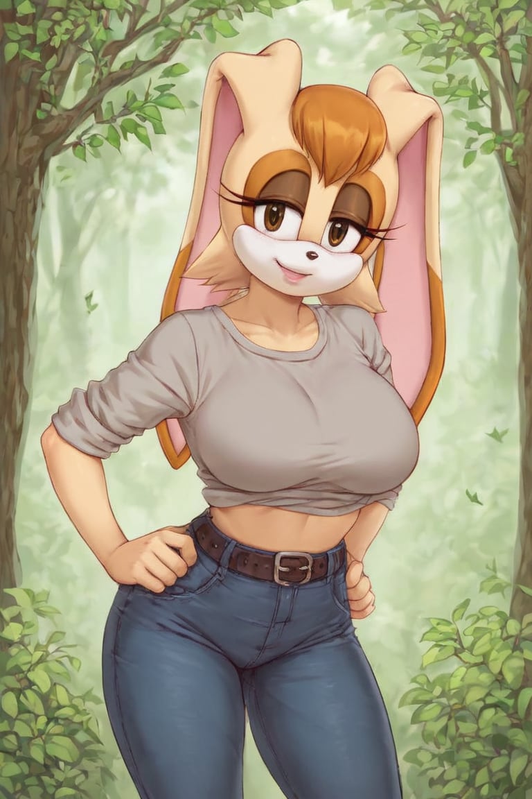 score_9, score_8_up, score_7_up, score_6_up, score_5_up, score_4_up, (Source sonic), (rating safe), vanilla the rabbit, 1girl, solo, outside, wearing black jeans, grey shirt, jacket, large breasts, brown eyes, looking at viewer, standing, outside, trees, fall weather,  , wide hips, rabbit girl, short hair, body fur, hands on hips, anime style,flashing belly,cammystretch, stretching,leaning forward,arms up,stomach_punch,skirt,belt