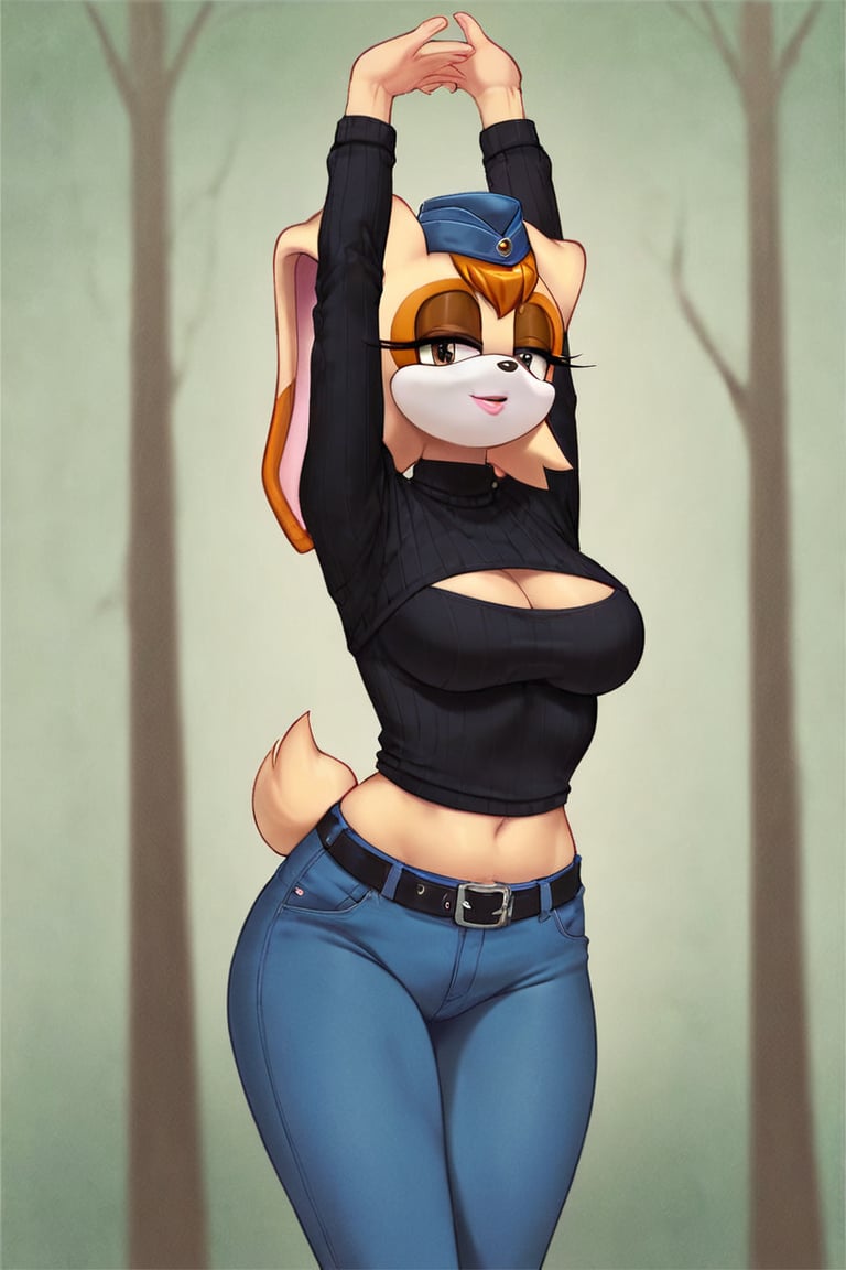 score_9, score_8_up, score_7_up, score_6_up, score_5_up, score_4_up, (Source sonic), (rating safe), vanilla the rabbit, 1girl, solo, outside, wearing blue jeans,  black sweater, shirt cutout, large breasts, brown eyes, looking at viewer, standing, outside, trees, fall weather,  , wide hips, rabbit girl, short hair, body fur, dynamic pose, anime style,flashing belly,cammystretch, stretching,leaning forward,arms up,stomach_punch,Soviet Military uniform,skirt,belt,garrison cap,Lady police 