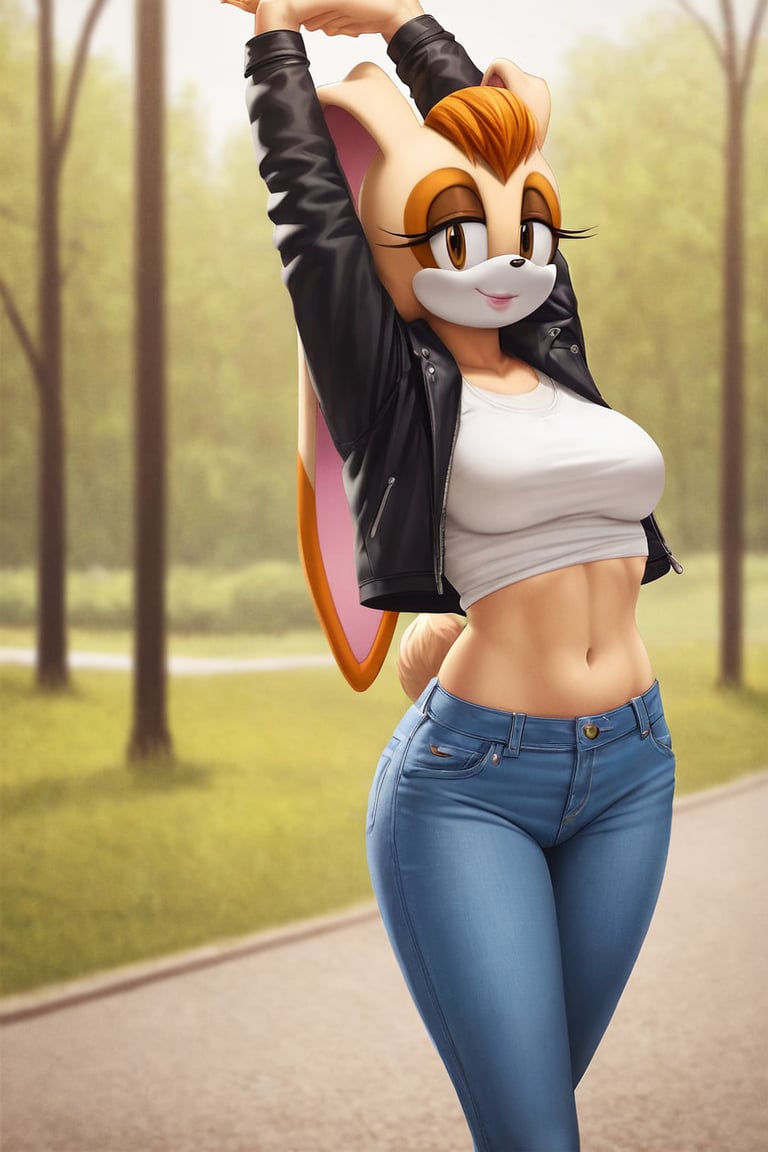 score_9, score_8_up, score_7_up, score_6_up, score_5_up, score_4_up, (Source sonic), (rating safe), vanilla the rabbit, 1girl, solo, outside, wearing blue jeans, white shirt, jacket, large breasts, brown eyes, looking at viewer, standing, outside, trees, fall weather,  , wide hips, rabbit girl, short hair, body fur, hands on hips, anime style,stomach_punch,arms up,cammystretch, stretching,flashing belly,sch00lg1rl