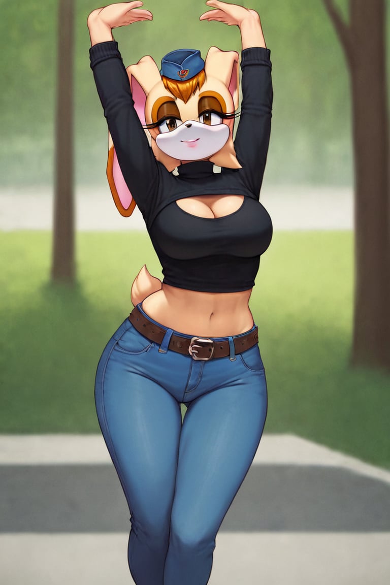 score_9, score_8_up, score_7_up, score_6_up, score_5_up, score_4_up, (Source sonic), (rating safe), vanilla the rabbit, 1girl, solo, outside, wearing blue jeans,  black sweater, shirt cutout, large breasts, brown eyes, looking at viewer, standing, outside, trees, fall weather,  , wide hips, rabbit girl, short hair, body fur, dynamic pose, anime style,flashing belly,cammystretch, stretching,leaning forward,arms up,stomach_punch,Soviet Military uniform,skirt,belt,garrison cap