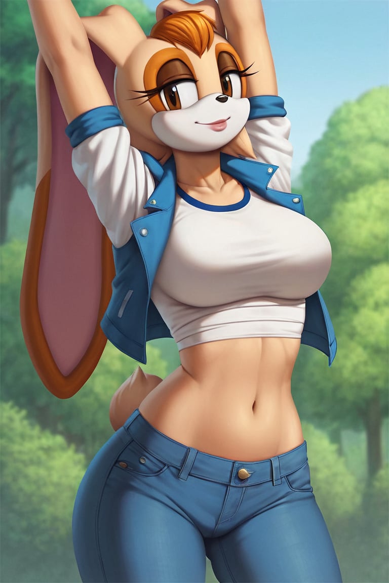 score_9, score_8_up, score_7_up, score_6_up, score_5_up, score_4_up, (Source sonic), (rating safe), vanilla the rabbit, 1girl, solo, outside, wearing blue jeans, white shirt, jacket, large breasts, brown eyes, looking at viewer, standing, outside, trees, fall weather,  , wide hips, rabbit girl, short hair, body fur, hands on hips, anime style,stomach_punch,arms up,cammystretch, stretching,flashing belly,sch00lg1rl