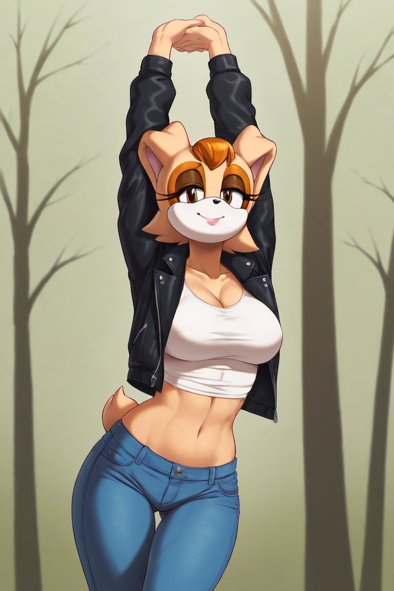 score_9, score_8_up, score_7_up, score_6_up, score_5_up, score_4_up, (Source sonic), (rating safe), vanilla the rabbit, 1girl, solo, outside, wearing blue jeans, white shirt, jacket, large breasts, brown eyes, looking at viewer, standing, outside, trees, fall weather,  , wide hips, rabbit girl, short hair, body fur, hands on hips, anime style,stomach_punch,arms up,cammystretch, stretching,flashing belly,sch00lg1rl,Sexy Girl