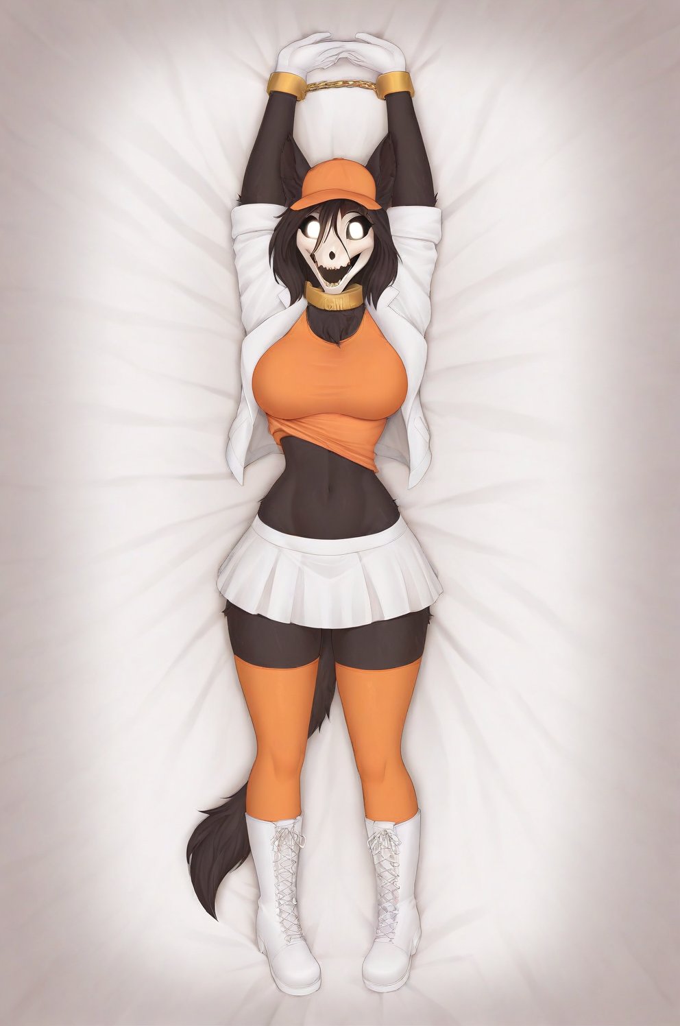 MalOXL, furry female, masterpiece, high quality, large breasts, scp-1471, black fur, orange top, white skirt, white jacket, flashing belly,arms up,cammystretch, stretching, lying in bed, white boots, white gloves, golden chained hands, orange stockings, orange hat,  golden collar, white gloves, big boobs, legs tied, night