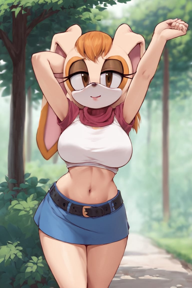 score_9, score_8_up, score_7_up, score_6_up, score_5_up, score_4_up, (Source sonic), (rating safe), vanilla the rabbit, 1girl, solo, outside, short sweater, shirt cutout, large breasts, brown eyes, looking at viewer, standing, outside, trees, fall weather,  , wide hips, rabbit girl, short hair, body fur, dynamic pose, anime style,flashing belly,stomach_punch,cammystretch, stretching,leaning forward,arms up, RakkunVTSDXL,Big_Boobs,Huge_Boobs_Anime, short  skirt,belt