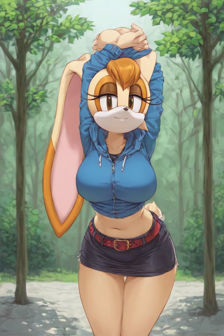 score_9, score_8_up, score_7_up, score_6_up, score_5_up, score_4_up, (Source sonic), (rating safe), vanilla the rabbit, 1girl, solo, outside, wearing black jeans, dark blue shirt, jacket, large breasts, brown eyes, looking at viewer, standing, outside, trees, fall weather,  , wide hips, rabbit girl, short hair, body fur, hands on hips, anime style,flashing belly,cammystretch, stretching,leaning forward,arms up,stomach_punch,skirt,belt