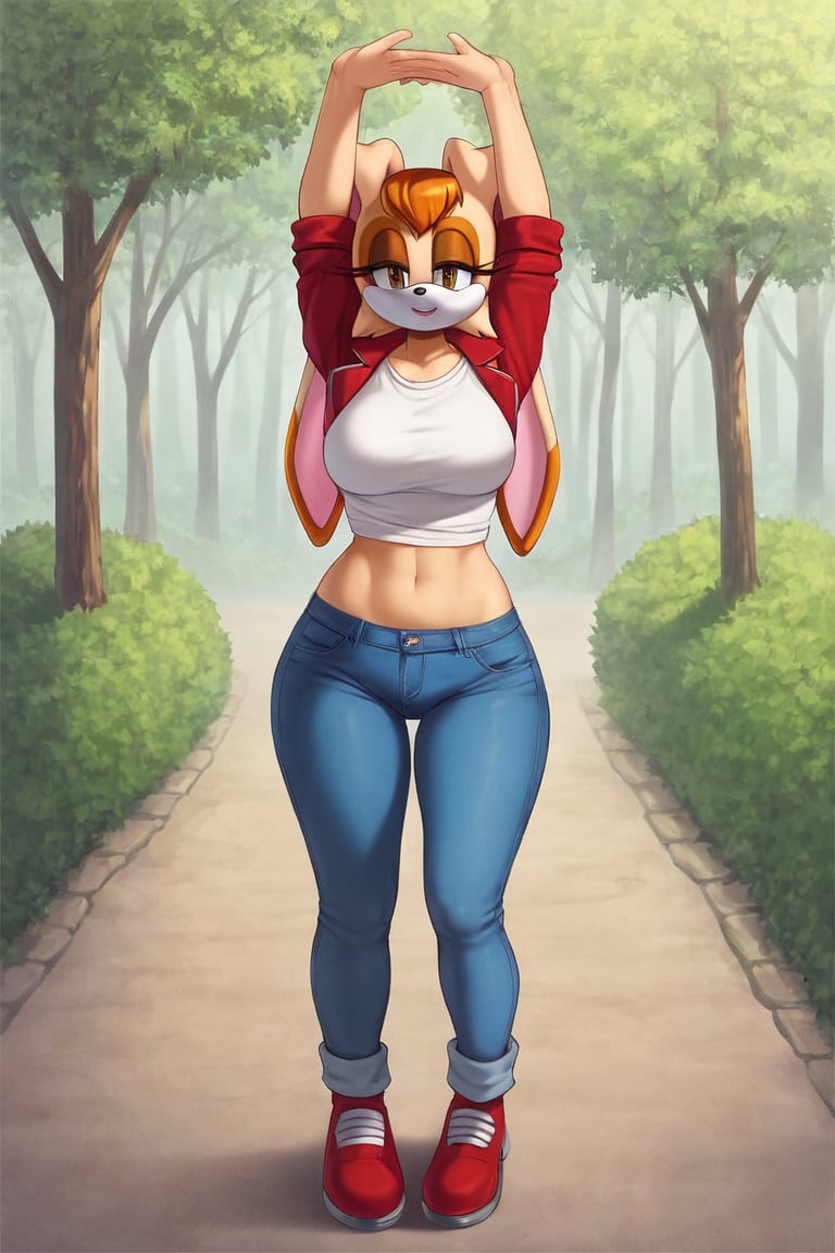 score_9, score_8_up, score_7_up, score_6_up, score_5_up, score_4_up, (Source sonic), (rating safe), vanilla the rabbit, 1girl, solo, outside, wearing blue jeans, white shirt, jacket, large breasts, brown eyes, looking at viewer, standing, outside, trees, fall weather,  , wide hips, rabbit girl, short hair, body fur, hands on hips, anime style,stomach_punch,arms up,cammystretch, stretching,flashing belly,sch00lg1rl,Sexy Girl