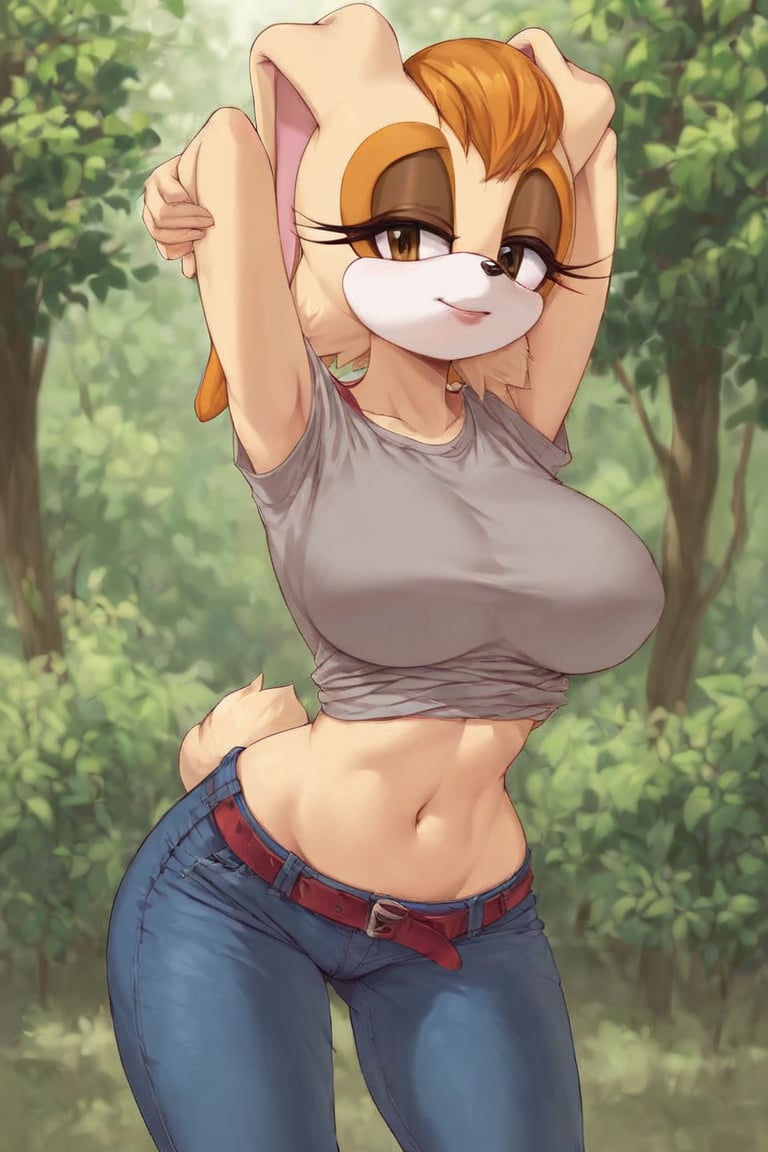 score_9, score_8_up, score_7_up, score_6_up, score_5_up, score_4_up, (Source sonic), (rating safe), vanilla the rabbit, 1girl, solo, outside, wearing black jeans, grey shirt, jacket, large breasts, brown eyes, looking at viewer, standing, outside, trees, fall weather,  , wide hips, rabbit girl, short hair, body fur, hands on hips, anime style,flashing belly,cammystretch, stretching,leaning forward,arms up,stomach_punch,skirt,belt