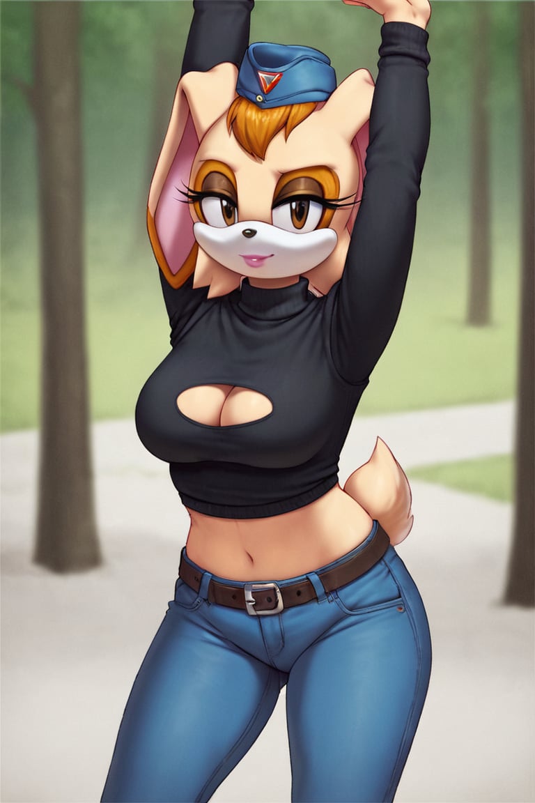 score_9, score_8_up, score_7_up, score_6_up, score_5_up, score_4_up, (Source sonic), (rating safe), vanilla the rabbit, 1girl, solo, outside, wearing blue jeans,  black sweater, shirt cutout, large breasts, brown eyes, looking at viewer, standing, outside, trees, fall weather,  , wide hips, rabbit girl, short hair, body fur, dynamic pose, anime style,flashing belly,cammystretch, stretching,leaning forward,arms up,stomach_punch,Soviet Military uniform,skirt,belt,garrison cap