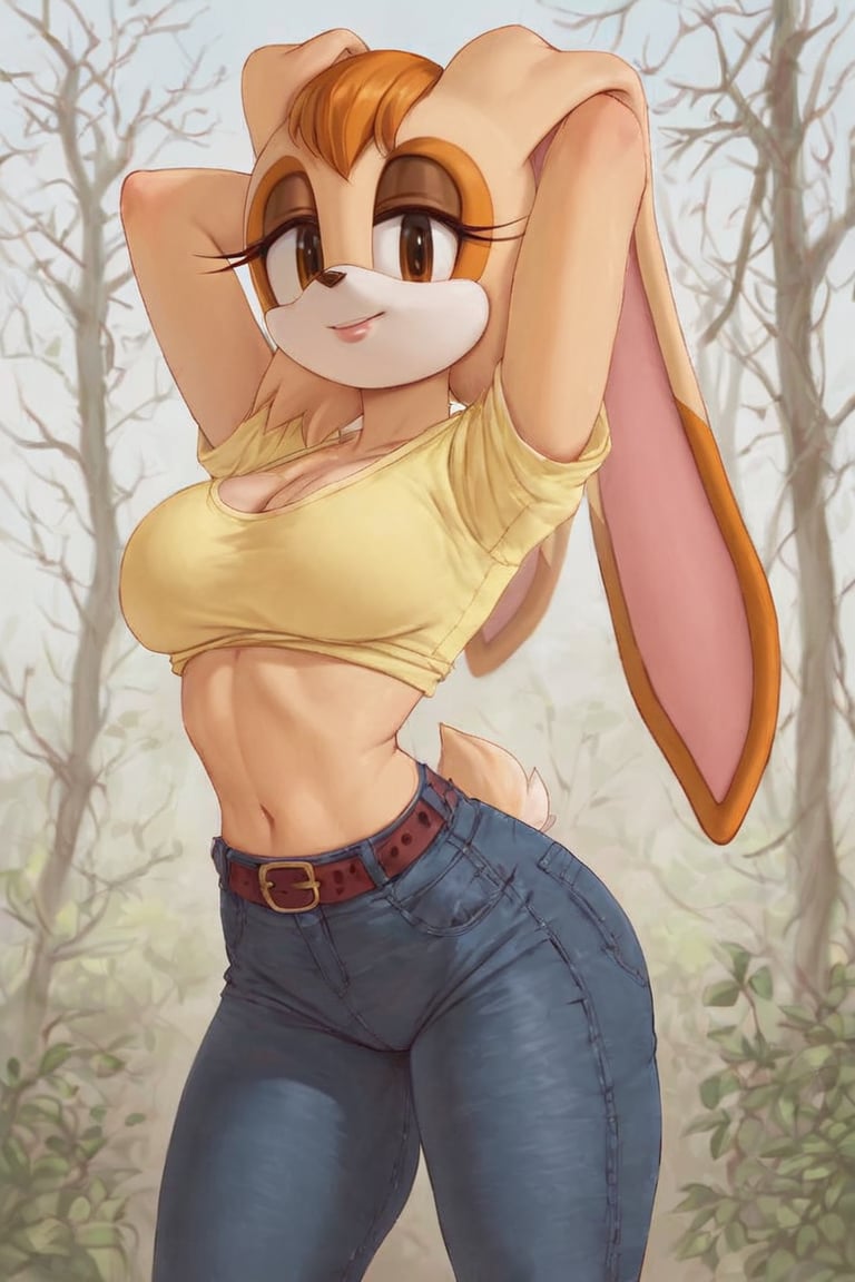 score_9, score_8_up, score_7_up, score_6_up, score_5_up, score_4_up, (Source sonic), (rating safe), vanilla the rabbit, 1girl, solo, outside, wearing black jeans, yellow shirt, jacket, large breasts, brown eyes, looking at viewer, standing, outside, trees, fall weather,  , wide hips, rabbit girl, short hair, body fur, hands on hips, anime style,flashing belly,cammystretch, stretching,leaning forward,arms up,stomach_punch,skirt,belt