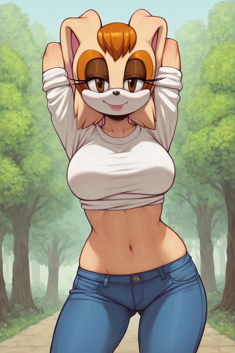 score_9, score_8_up, score_7_up, score_6_up, score_5_up, score_4_up, (Source sonic), (rating safe), vanilla the rabbit, 1girl, solo, outside, wearing blue jeans, white shirt, jacket, large breasts, brown eyes, looking at viewer, standing, outside, trees, fall weather,  , wide hips, rabbit girl, short hair, body fur, hands on hips, anime style,stomach_punch,arms up,cammystretch, stretching,flashing belly,sch00lg1rl