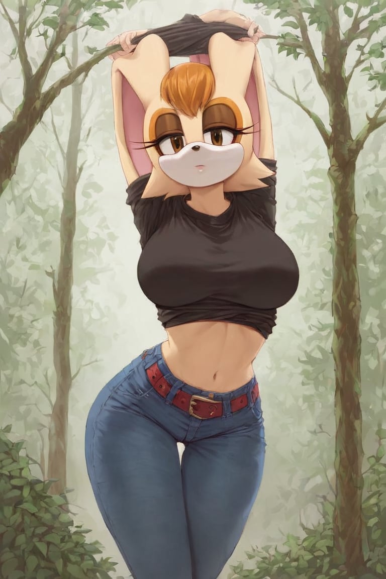 score_9, score_8_up, score_7_up, score_6_up, score_5_up, score_4_up, (Source sonic), (rating safe), vanilla the rabbit, 1girl, solo, outside, wearing black jeans, black shirt, jacket, large breasts, brown eyes, looking at viewer, standing, outside, trees, fall weather,  , wide hips, rabbit girl, short hair, body fur, hands on hips, anime style,flashing belly,cammystretch, stretching,leaning forward,arms up,stomach_punch,skirt,belt