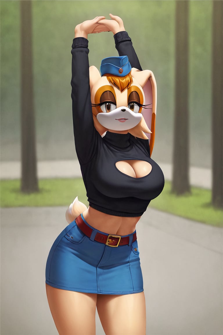 score_9, score_8_up, score_7_up, score_6_up, score_5_up, score_4_up, (Source sonic), (rating safe), vanilla the rabbit, 1girl, solo, outside, wearing blue jeans,  black sweater, shirt cutout, large breasts, brown eyes, looking at viewer, standing, outside, trees, fall weather,  , wide hips, rabbit girl, short hair, body fur, dynamic pose, anime style,flashing belly,cammystretch, stretching,leaning forward,arms up,stomach_punch,Soviet Military uniform,skirt,belt,garrison cap,skirt lift