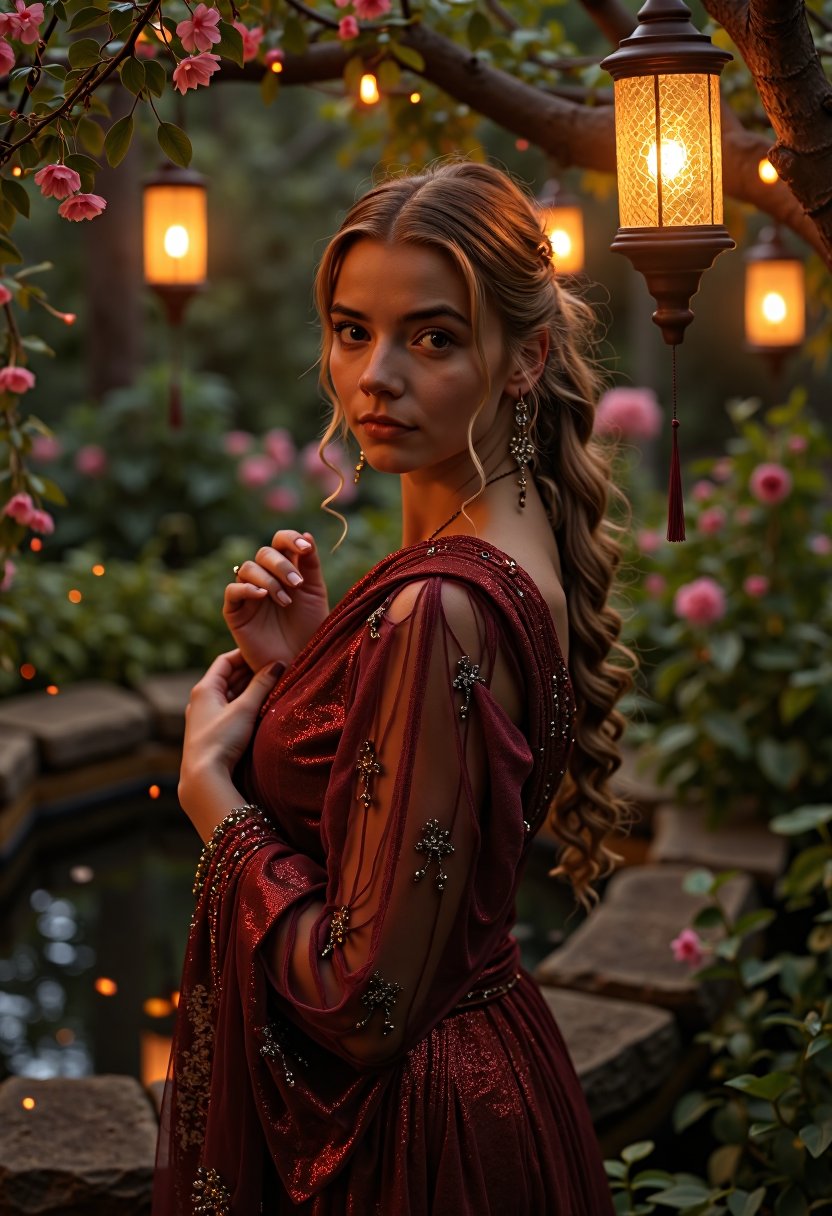 close-up image featuring  a young woman, posing her body, wearing a sheer dark red shawl with silver embroided floral pattern, in an enchanted garden at twilight, surrounded by glowing flowers and softly lit lanterns hanging from ancient trees. She gently caresses her long hair, as fireflies dance around her, and a small reflective pond mirrors the fading colors of the sunset. The atmosphere is serene and magical, with soft beams of light filtering through the trees, enhancing the dreamlike and romantic mood of the scene.
Emphasis on warm, soft lighting from the lanterns and fireflies, creating a glow that highlights the twilight setting. The lighting also reflects off the pond, adding depth and a dreamlike quality to the scene.
Incorporation of glowing flowers, hanging lanterns, and fireflies to enhance the enchanted and serene atmosphere.,3mr4