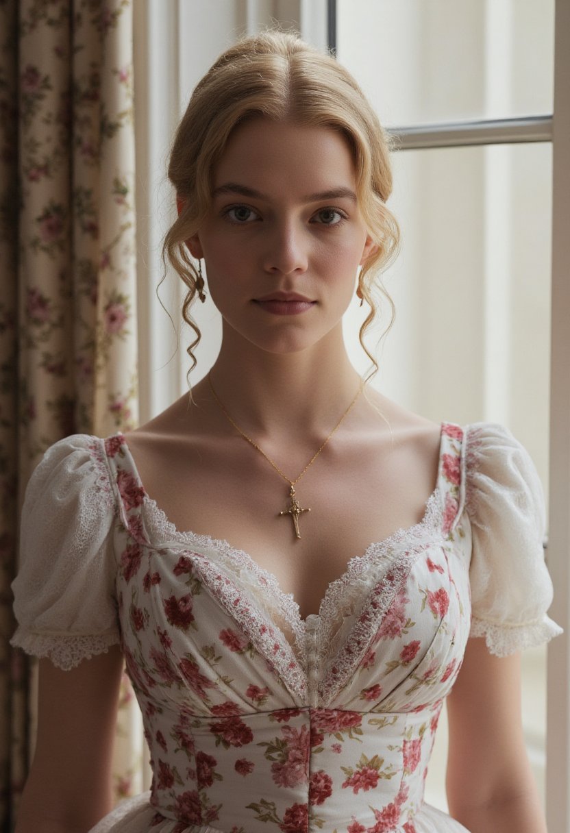 ((masterpiece)), ((best quality)), 8k, high detailed, ultra-detailed, a model standing gracefully in front of a large window, wearing a floral patterned gown in white and red, natural light shining through sheer curtains, delicate lace details, soft and feminine atmosphere, accentuating her look.
 textured skin, remarkably detailed pupils, realistic dull skin noise, visible skin detail, skin fuzz, dry skin, 36DD, pale skin tone,Perfect Eyes,Detailed skin,Skin blemish,3mr4, elegant blonde hair, demure pale skin, subtle makeup, regal demeanor.,FL&L,fll_lace