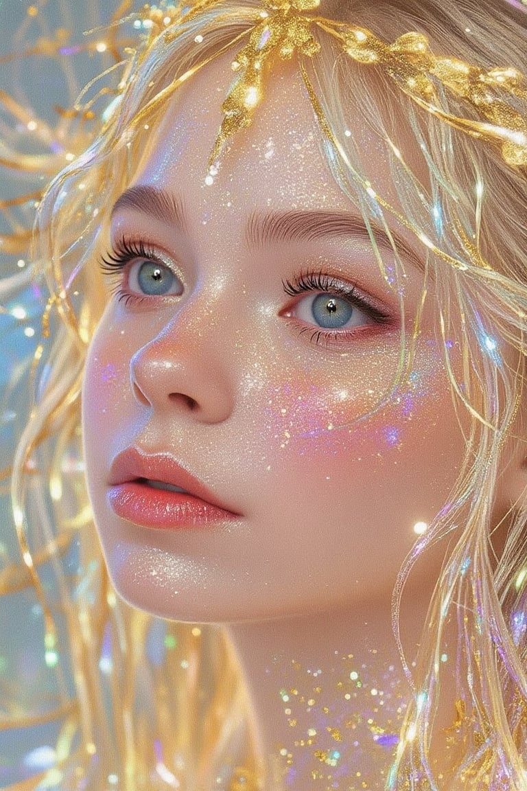 a close-up of a mystical, ethereal character with a strong fantasy aesthetic. The subject has a delicate, almost porcelain-like complexion, adorned with shimmering golden glitter and iridescent sparkles that seem to mimic stardust or magical particles. Their facial features are soft and youthful, with subtle freckles and slightly parted lips, adding to the otherworldly quality by Fateline
A distinctive feature is the set of translucent, golden-veined wings, akin to those of a dragonfly or fairy, that frame the face like a crown or headpiece. The wings are intricately detailed with a blend of gold and translucent materials, giving them a fragile, almost ethereal appearance. The overall color palette is a soft blend of gold, silver, and pastel tones, creating a serene, dreamlike atmosphere. . Midjourney style