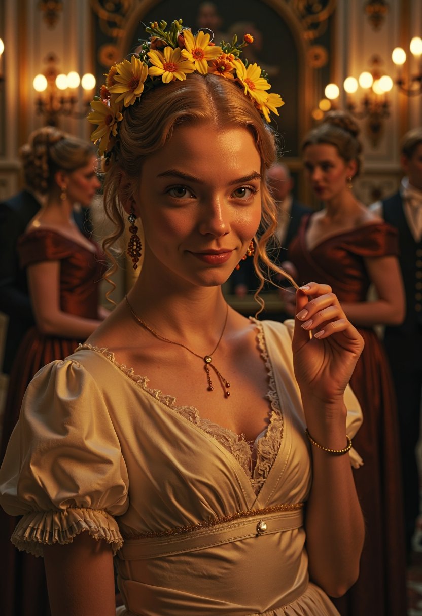 In the midst of a crownded regency-era dancefloor, stands a beautiful girl, making eye contact, looking to the viewer with a friendly warm smile, playing with her hair and her necklace, shy and flirty. She is wearing an elegant cream dress and her hair has yellow flowers all throughout her hairstyle. The scene focuses on the girl, with the rest of the crown a blur. cinematic, alluring, and elegant. The scene is romantically lit with warm hues, Midjourney_Whisper,3mr4