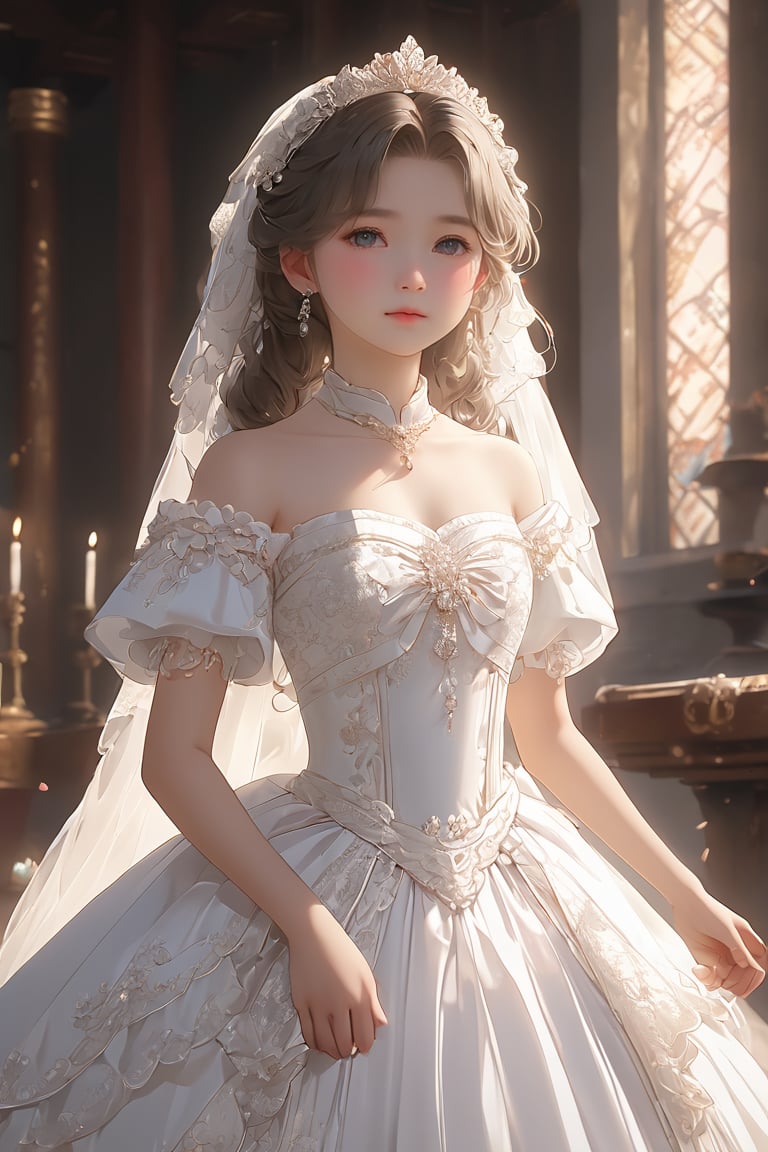 masterpiece,((best quality, 8k, ultra-detailed)),perfect anatomy, ,kanna kamui,(12yo girl :1.4) ,(solo:1.4),(flat chest:1.4),pretty face,Simple back ground,full body shot,(wedding dress:1.4),expose navel