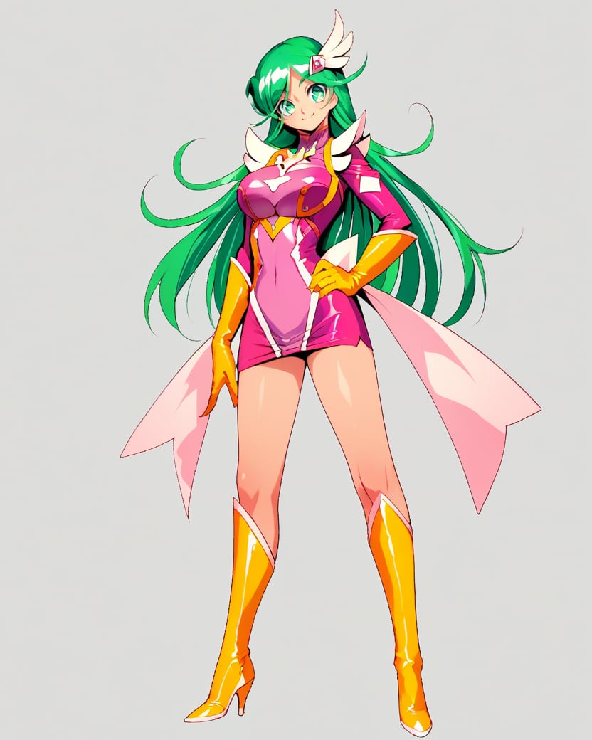 plmeteor,green hair,green eyes,long hair,hair ornament,large breasts,24yo,magical girl,yellow gloves,skirt,cleavage cutout,pink dress,1girl,solo,standing,hand on own hip,full body,yellow high heels boots,light smile,, score_9,score_8_up,score_7_up,source_anime,best quality,masterpiece,uncensored,detailed eyes,source_real, source_photo