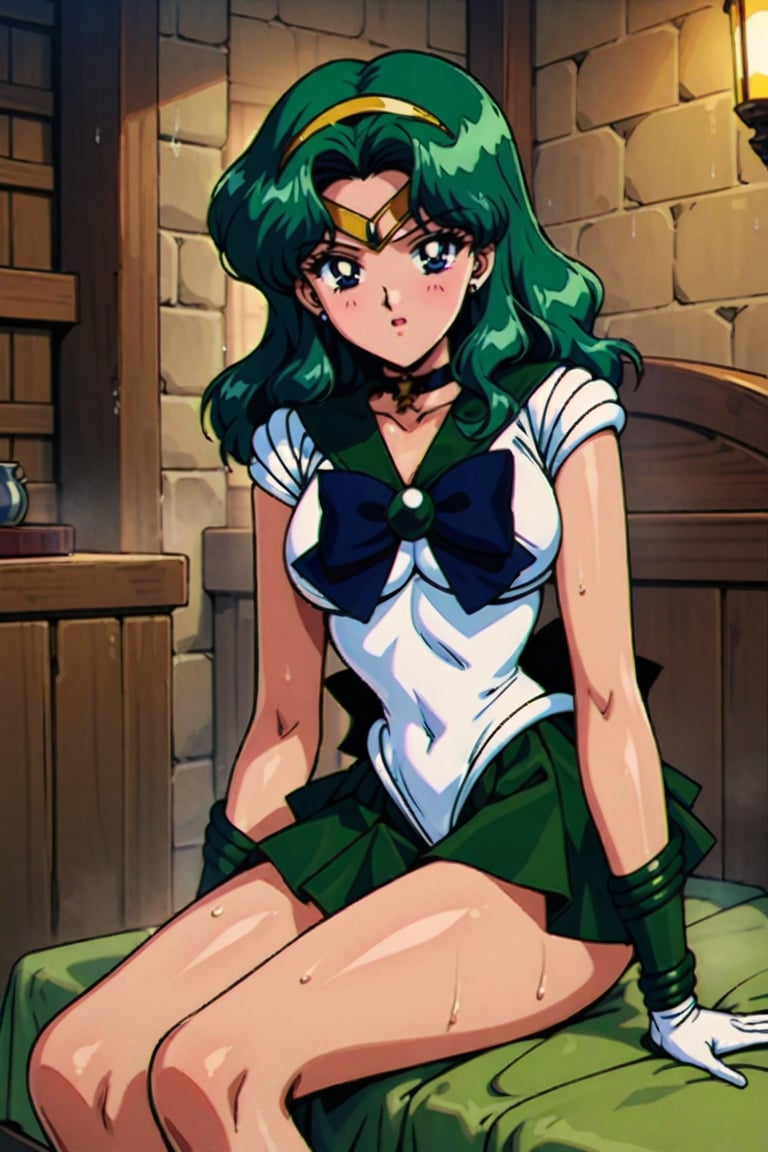 masterpiece,best quality,very aesthetic,ultra detailed,intricate details,Sailor Neptune XL,1990s \(style\),1girl,solo,green eyes,green hair,earrings,long hair,sailor senshi uniform,white leotard,skirt,gloves,long hair,green hair,green miniskirt,very short miniskir,tiara,choker,white gloves,bow,indoors, in medieval ancient village hotel room,hotel,sexy body,bare legs,clevage out,clevage,covered nipples,rainy day,raining