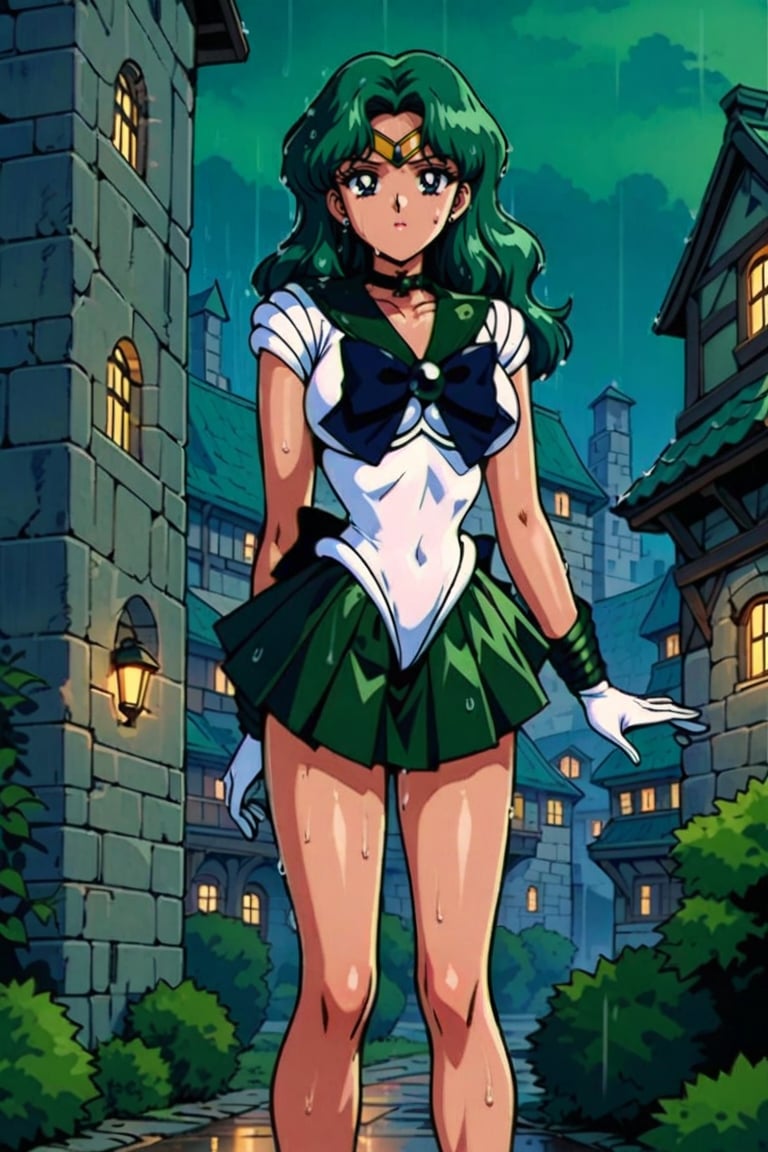 masterpiece,best quality,very aesthetic,ultra detailed,intricate details,Sailor Neptune XL,1990s \(style\),1girl,solo,green eyes,green hair,earrings,long hair,sailor senshi uniform,white leotard,skirt,gloves,long hair,green hair,green miniskirt,very short miniskir,tiara,choker,white gloves,bow,outdoors, standing in medieval ancient village,sexy body,bare legs,clevage out,clevage,covered nipples,nightview,night,darkness,no light,Dark, spooky, weird town,rainy day,heavy raining,wet,sweat,red face,sexy body,beauty legs,