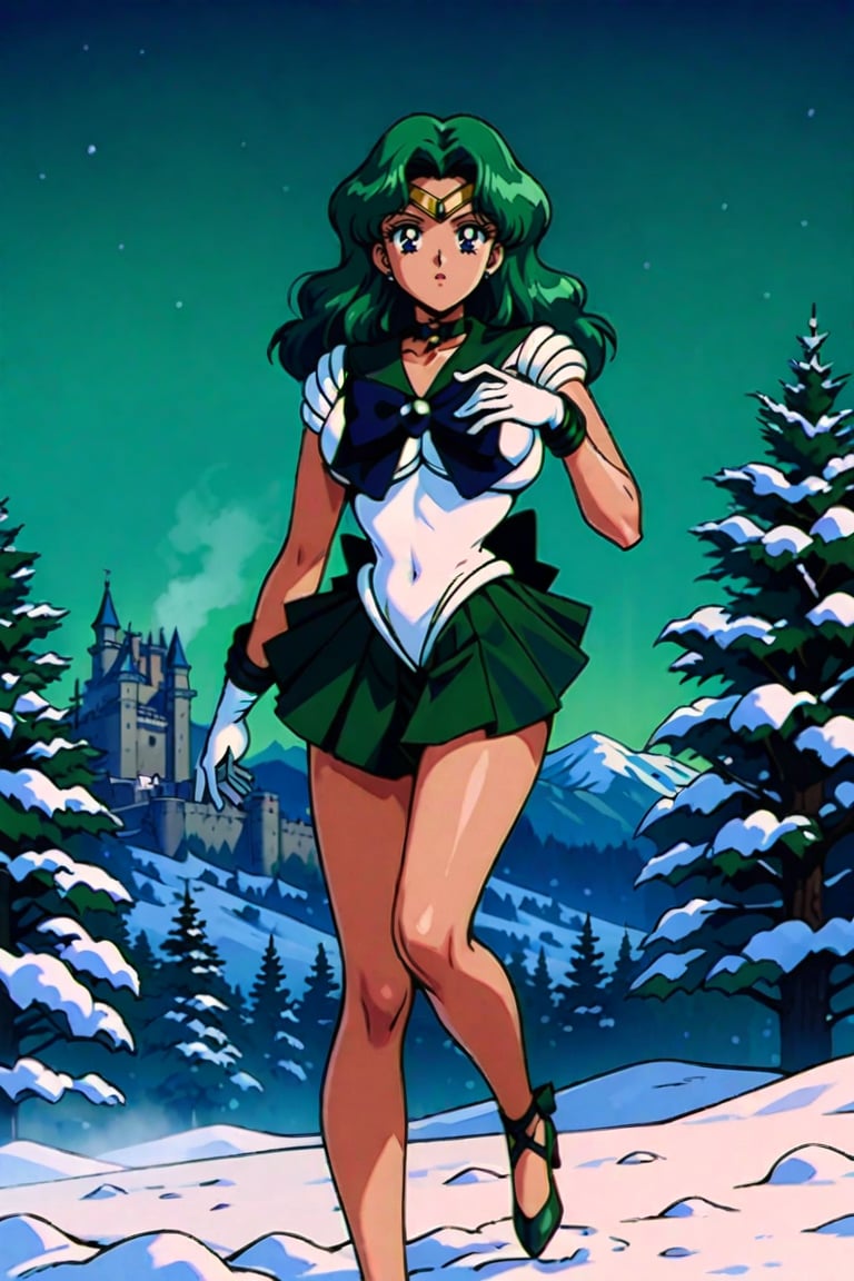 masterpiece,best quality,very aesthetic,ultra detailed,intricate details,Sailor Neptune XL,1990s \(style\),1girl,solo,green eyes,green hair,earrings,long hair,sailor senshi uniform,white leotard,skirt,gloves,long hair,green hair,green miniskirt,very short miniskir,tiara,choker,white gloves,bow,outdoors, Snowy mountains, snow, stepping into the snow, castle, forest, cold,sexy body,bare legs,clevage out,clevage,covered nipples,nightview,night,darkness,no light,Dark, spooky, weird town,red face,sexy body,beauty legs,