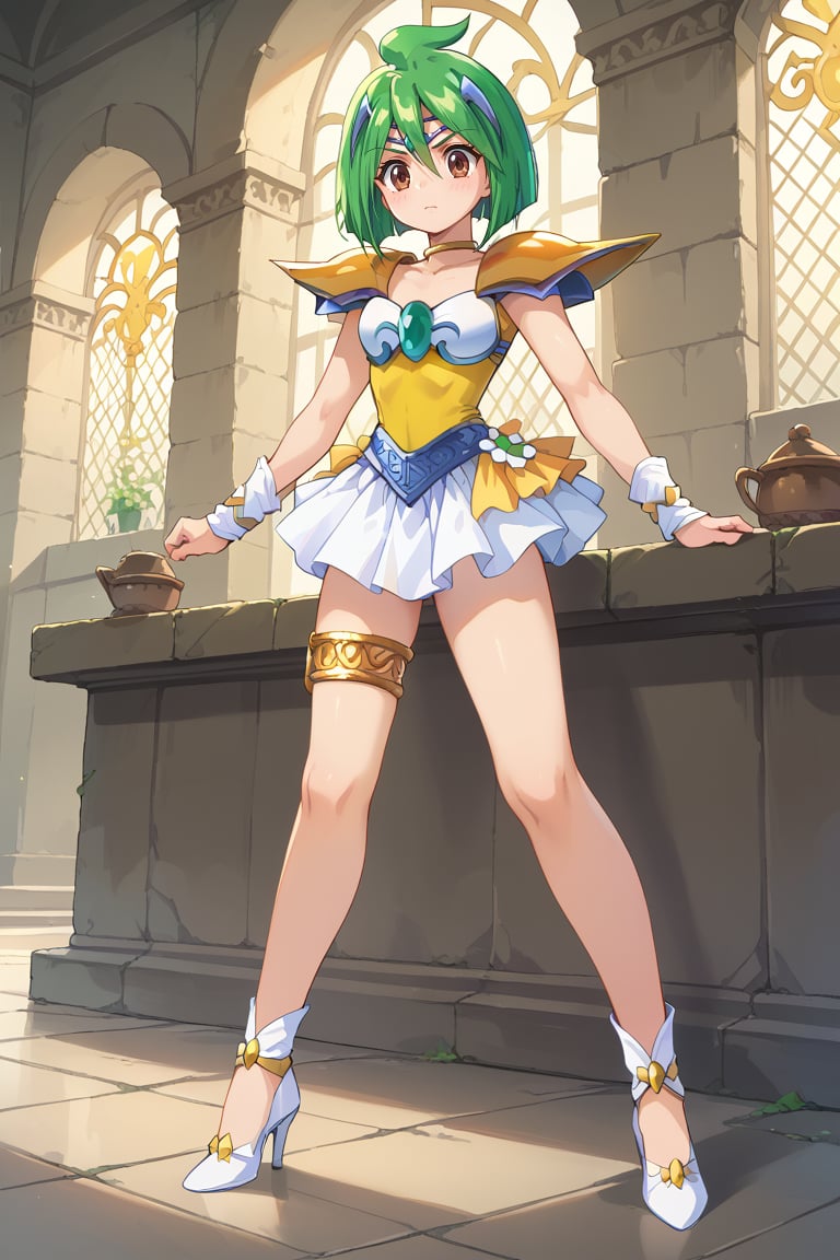 score_9, score_8_up, score_7_up, score_6_up, score_5_up, score_4_up, source_anime , Engel_Daisy, short hair, brown eyes, green hair, armor, white miniskirt, yellow leotard,white high heels,clevage,full body,indoors,BREAK,Hinagiku Tamano,hair ornament, magical girl,circlet,single thighlet,shoulder armor,white skirt,white shoes