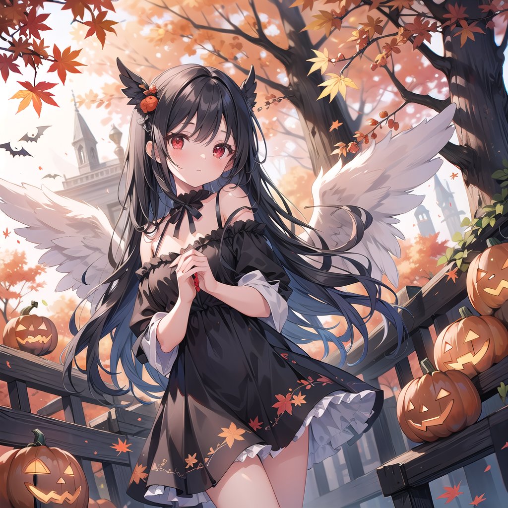 1 woman with long black hair and red eyes Wearing as a autumn Angel on the halloween. 