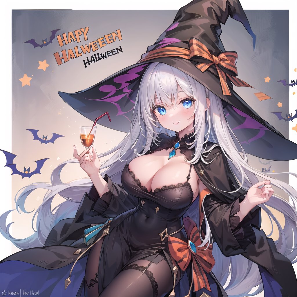 1 woman with long white hair and blue eyes Wearing as a Smile Witch on the halloween. 