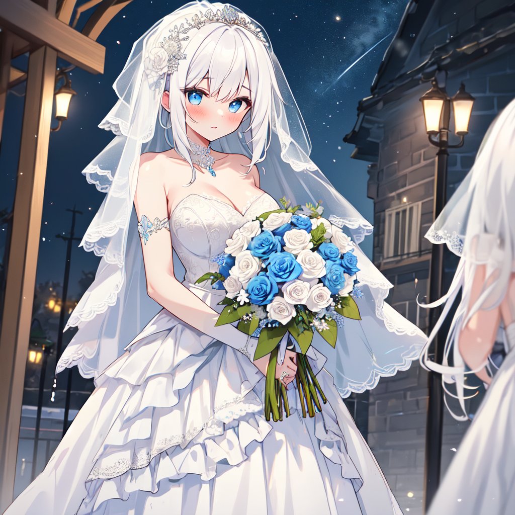 1 Girl with white hair and beautiful detailed blue eyes.
Dressed as a bride Get the bouquet.
