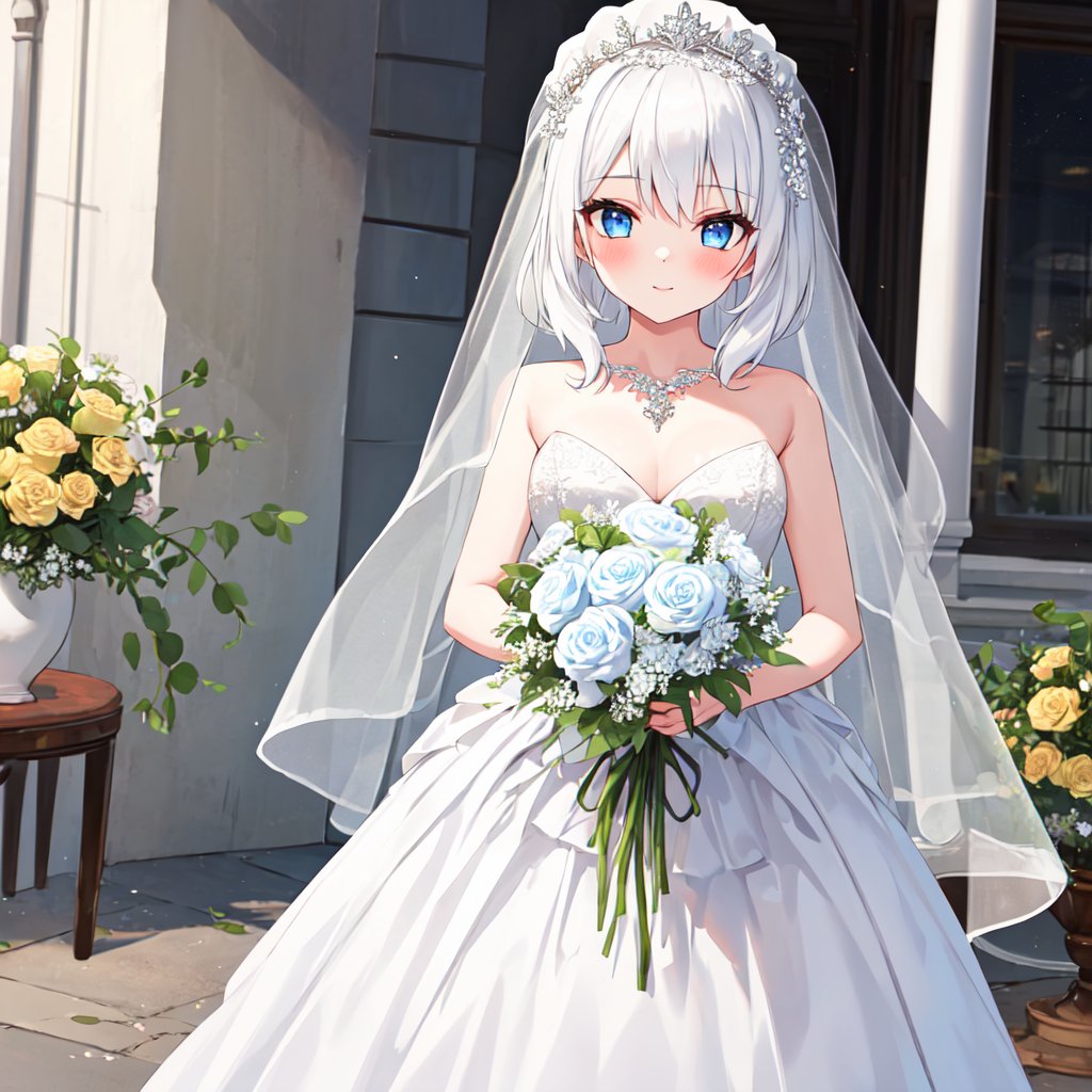 1 Girl with white hair and beautiful detailed blue eyes.
Dressed as a bride Get the bouquet.
