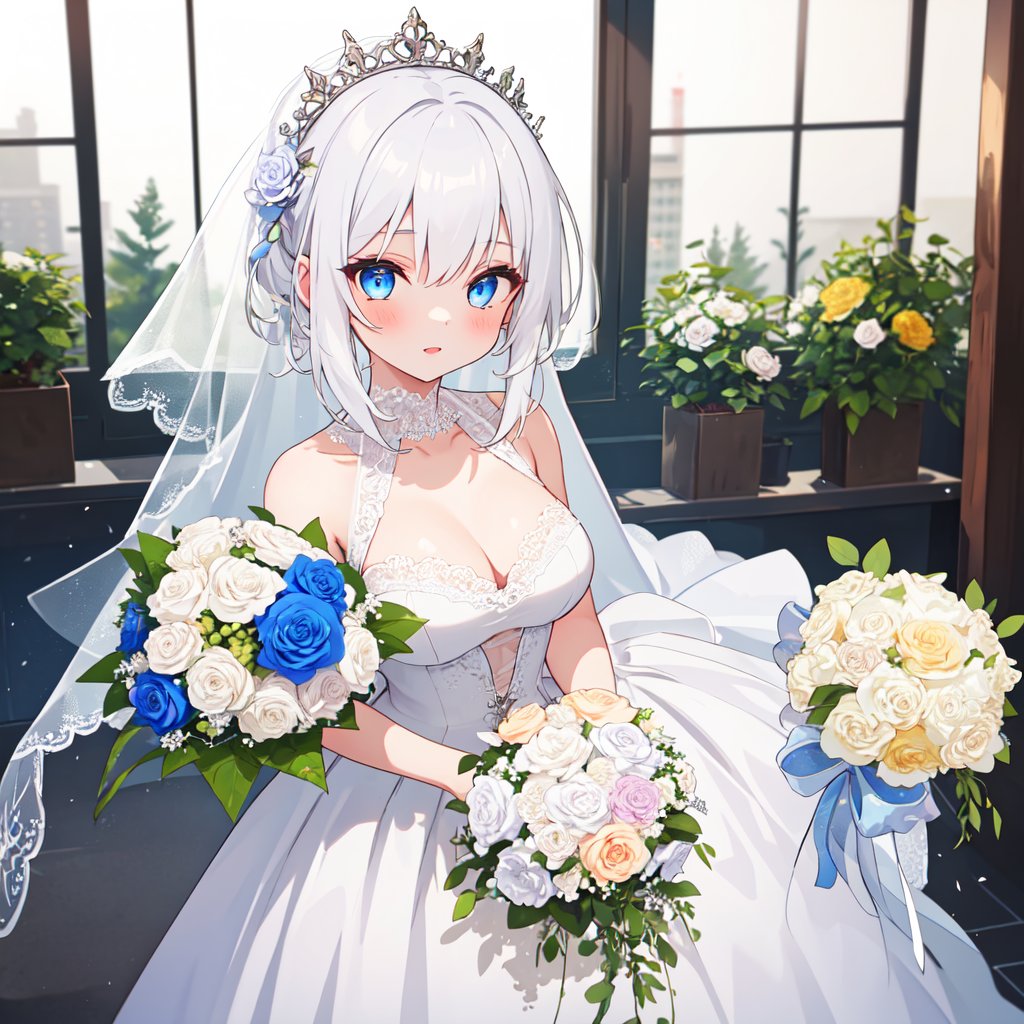 1 Girl with white hair and beautiful detailed blue eyes.
Dressed as a bride Get the bouquet.
