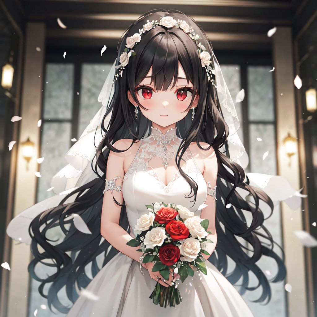 1 woman with long black hair and beautiful detailed red eyes. 
Dressed as a bride Get the bouquet.