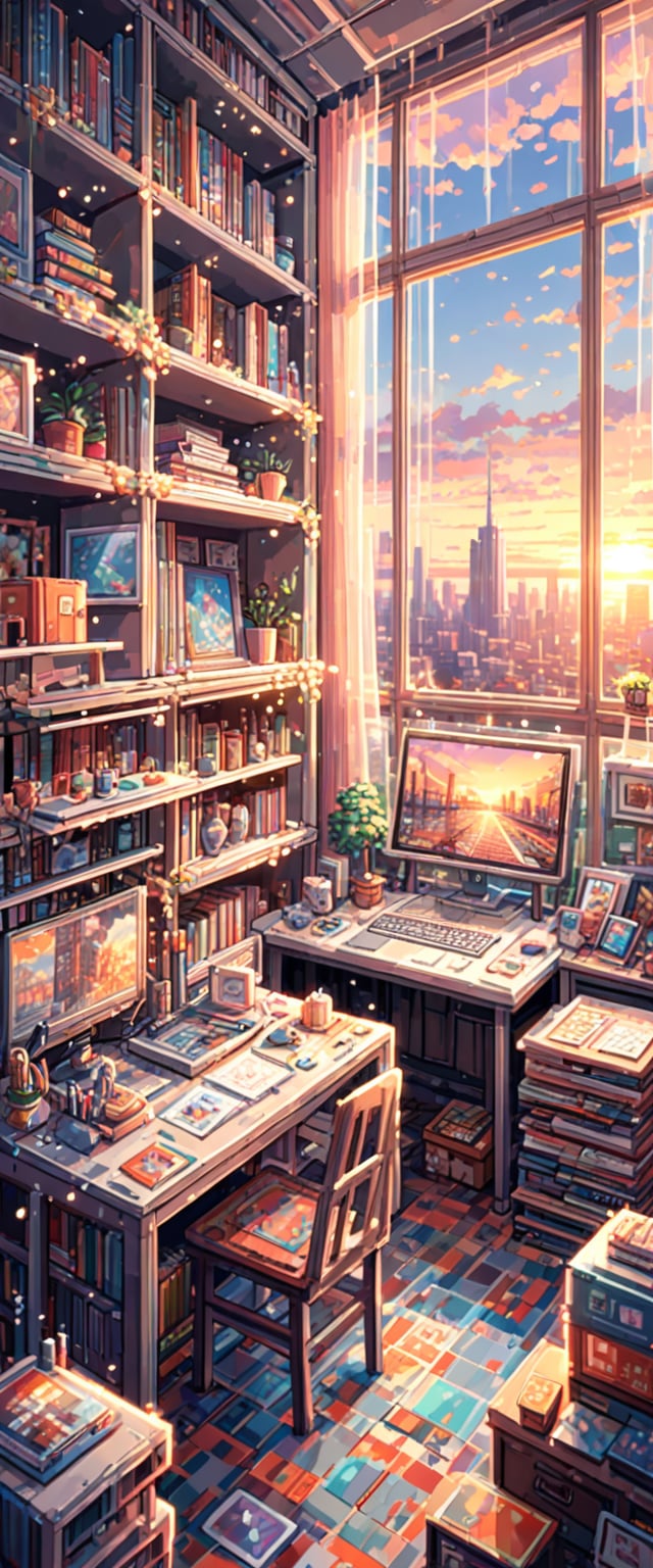 

Prompt: A lo-fi pixel art scene of an artist's studio with large windows overlooking the city, bathed in warm pink and orange hues during sunset. The room is filled with various painting supplies and canvases on shelves, while a Cat sits at their desk surrounded by books and sketches, adding to the cozy atmosphere. In the background, you can see tall buildings outside, adding depth to the scene. --ar 9:16 --style raw --stylize 750