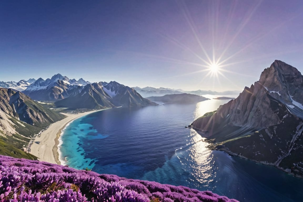 natural beatiful scene, hight view, mountain, blue sky, sun, masterpiece, photorealistic, landscape, violet sea, HD, 16K