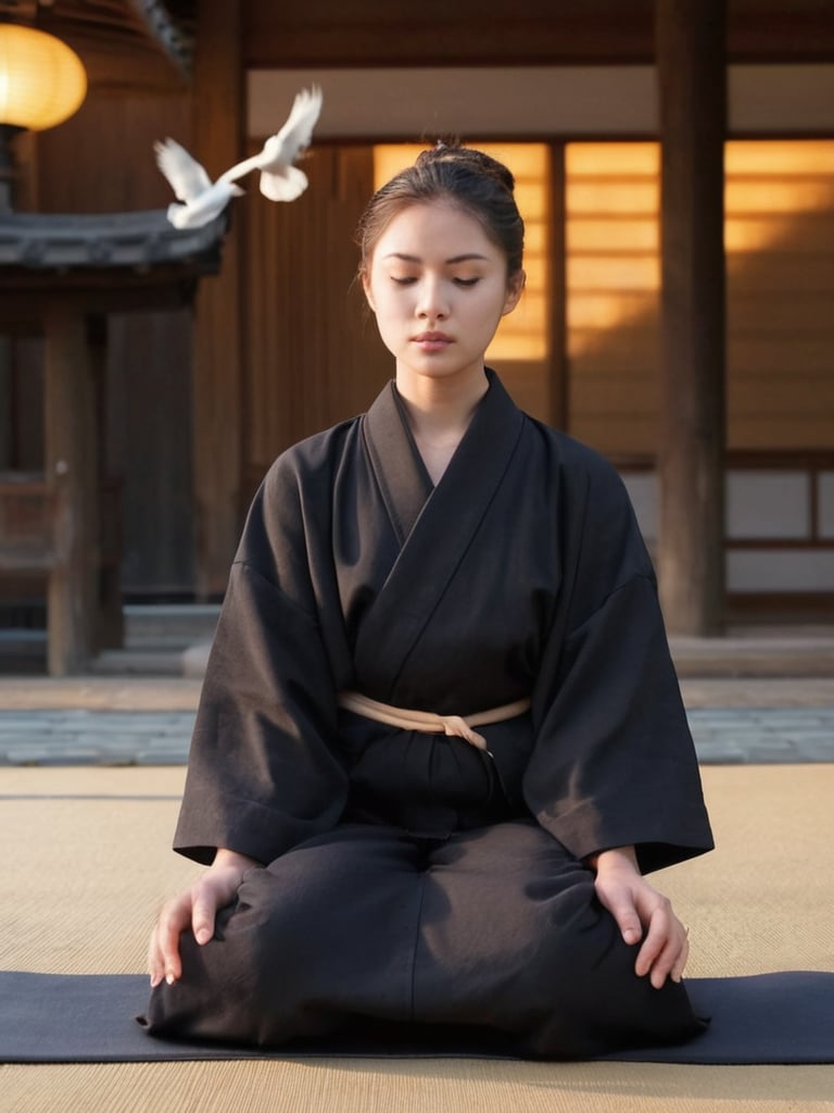 Sensoji Temple, pretty sunset, Soft golden light of the sunset casts a warm glow on her tranquil face, white doves flutter peacefully amidst the evening sky's, pretty korean mix french girl black robes sits cross-legged on a tatami mat, eyes closed in meditation, 25 years old. Average body, bright honey eyes with sharp size, full lips, long eyelashes. Black, ponytail, soul and spiritual mentor, extra photorealisctic, extra detailed, HD.,photorealistic