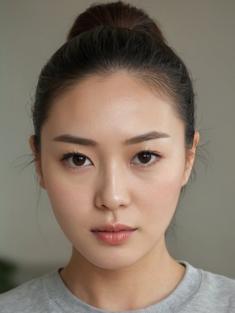 beautiful korean mix french girl, 30 years old. Average body, bright honey eyes with sharp size, full lips, long eyelashes. Black, ponytail, soul and spiritual mentor. T-Shirts,cinematic,photorealistic,masterpiece,1 girl ,best quality