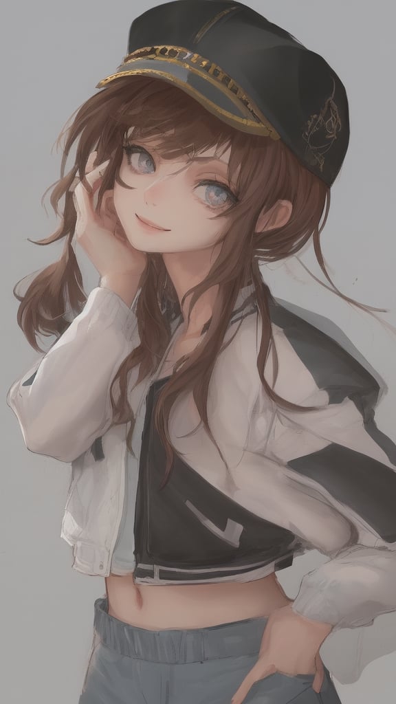 4k,best quality,masterpiece,1girl,(cropped jacket),(demin pant), smile,baseball cap,

(Beautiful and detailed eyes),
Detailed face, detailed eyes, double eyelids ,thin face, real hands,
((short hair with long locks:1.2)),brown-hair, white background,


real person, color splash style photo,
