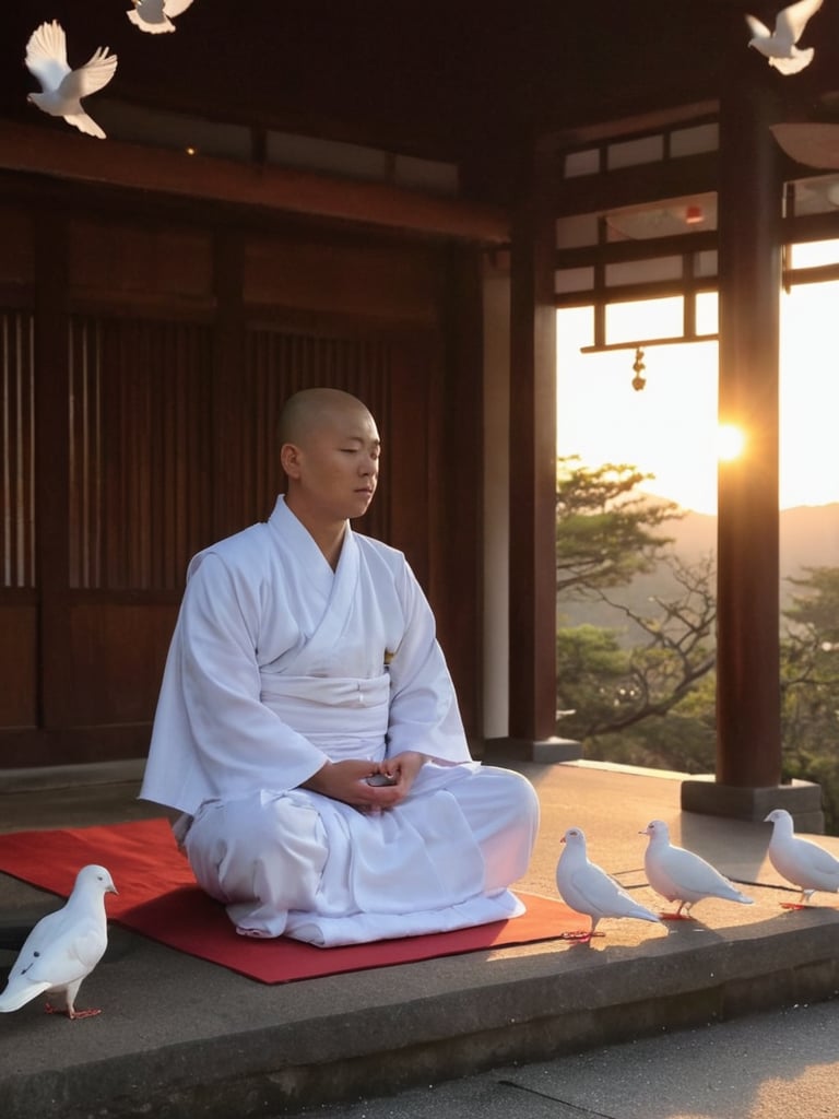 Japanese temple, monk, meditate, sunset, white doves, evening, tranquility, peace