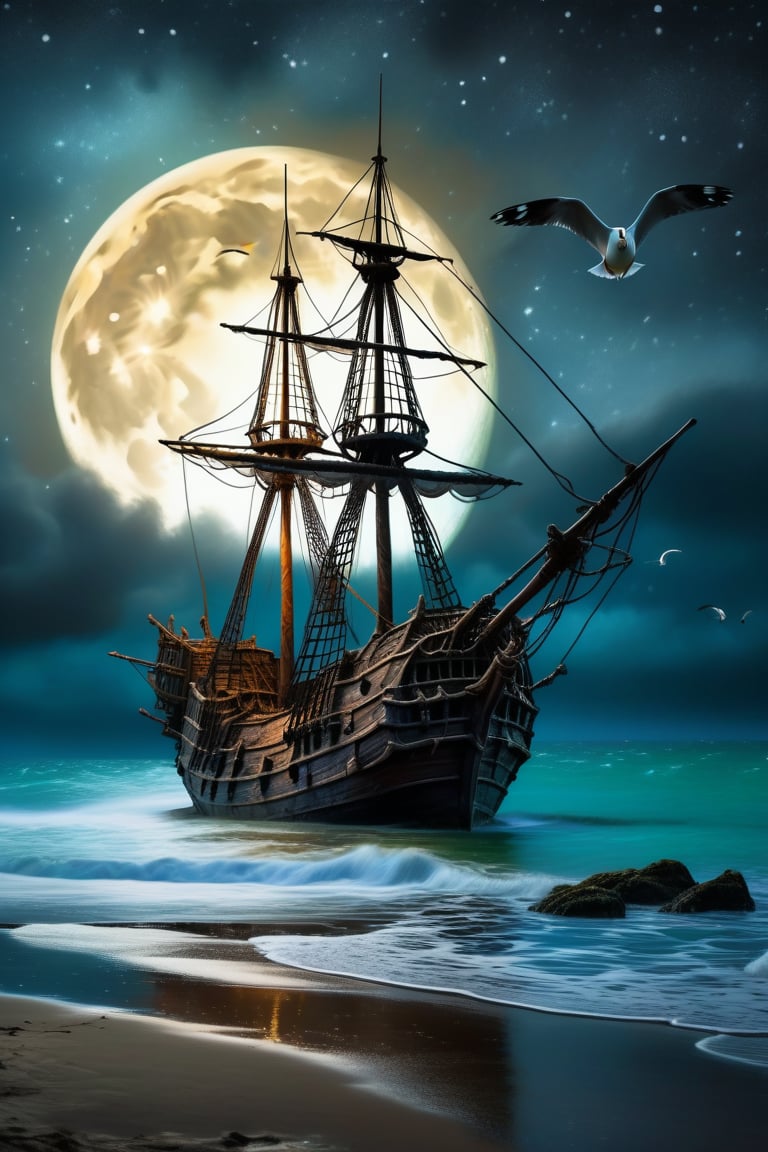 Ultra Close-up portrait, an old and large pirate  ghost ship, abandoned and stranded in the waters of a deserted and wild beach at night with a large moon illuminating and reflecting in the sea, rocks and trees around, seagulls and birds flying, the ship is worn out by time and covered in vegetation, atmosphere of fantasy, mystery and dream, dramatic lighting, perfect framing of the image, film poster style, oil painting, vintage photo style, van gogh style, caravagio, Greg Rutkowski style