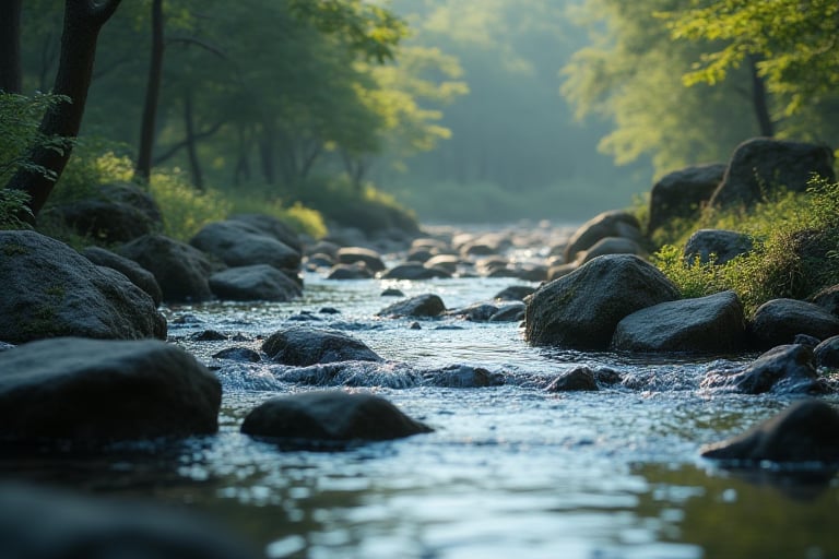 heyun, Depth of Field, Outdoor, Reflection, top view on river Water flowing, river stones around, Landscape, Landscape,(masterpiece:1.2),best quality,highres,extremely detailed CG,perfect lighting,8k wallpaper