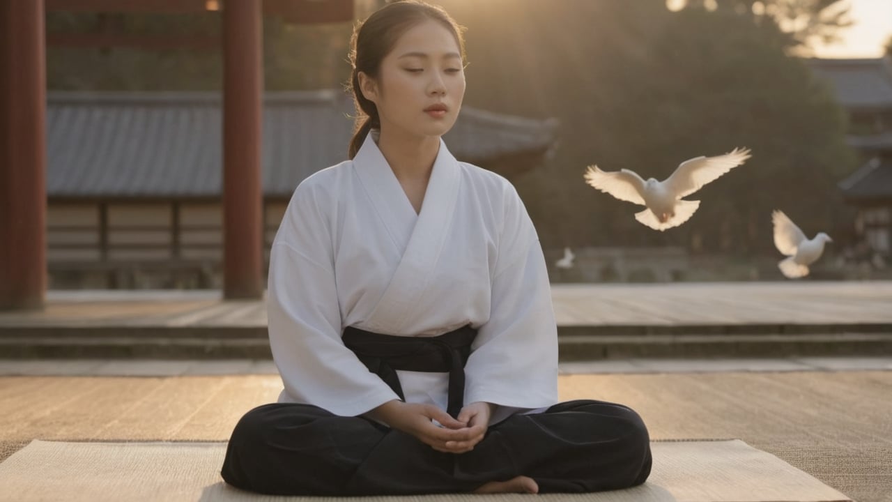 Hida-Sannogu Shrine, pretty sunset, Soft golden light of the sunset casts a warm glow on her tranquil face, white doves flutter peacefully amidst the evening sky, pretty korean mix french girl, black robes, sits cross-legged on a tatami mat, eyes closed in meditation, 25 years old. Average body, bright honey eyes with sharp size, full lips, long eyelashes. Black, ponytail, soul and spiritual mentor, extra photorealisctic, extra detailed, HD.,photorealistic