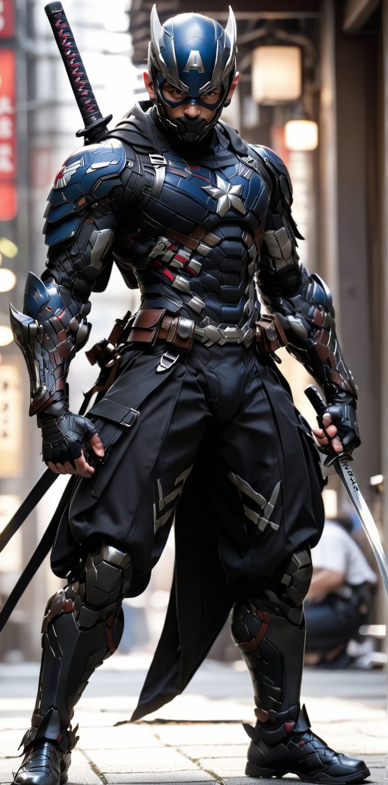 solo, 1boy, full body, weapon, male focus, sword, armor, blurry, bodysuit, mask, blurry background, squatting, katana, sheath, sheathed, japanese armor, one knee, superhero, weapon on back, captain america 
web print