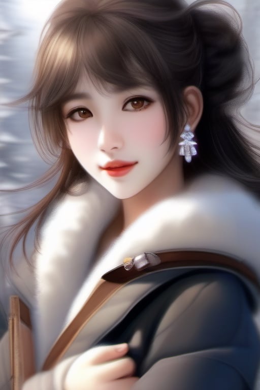 Beautiful and delicate light, (beautiful and delicate eyes), pale skin, big smile, (brown eyes), (black long hair), dreamy, medium chest, woman 1, (front shot), japen girl, bangs, soft expression, height 170, elegance, bright smile, 8k art photo, realistic concept art, realistic, portrait, necklace, small earrings, handbag, fantasy, jewelry, shyness, skirt, winter down parka, scarf, snowy street, footprints,Future girl, kama-yi, (kama-yi)