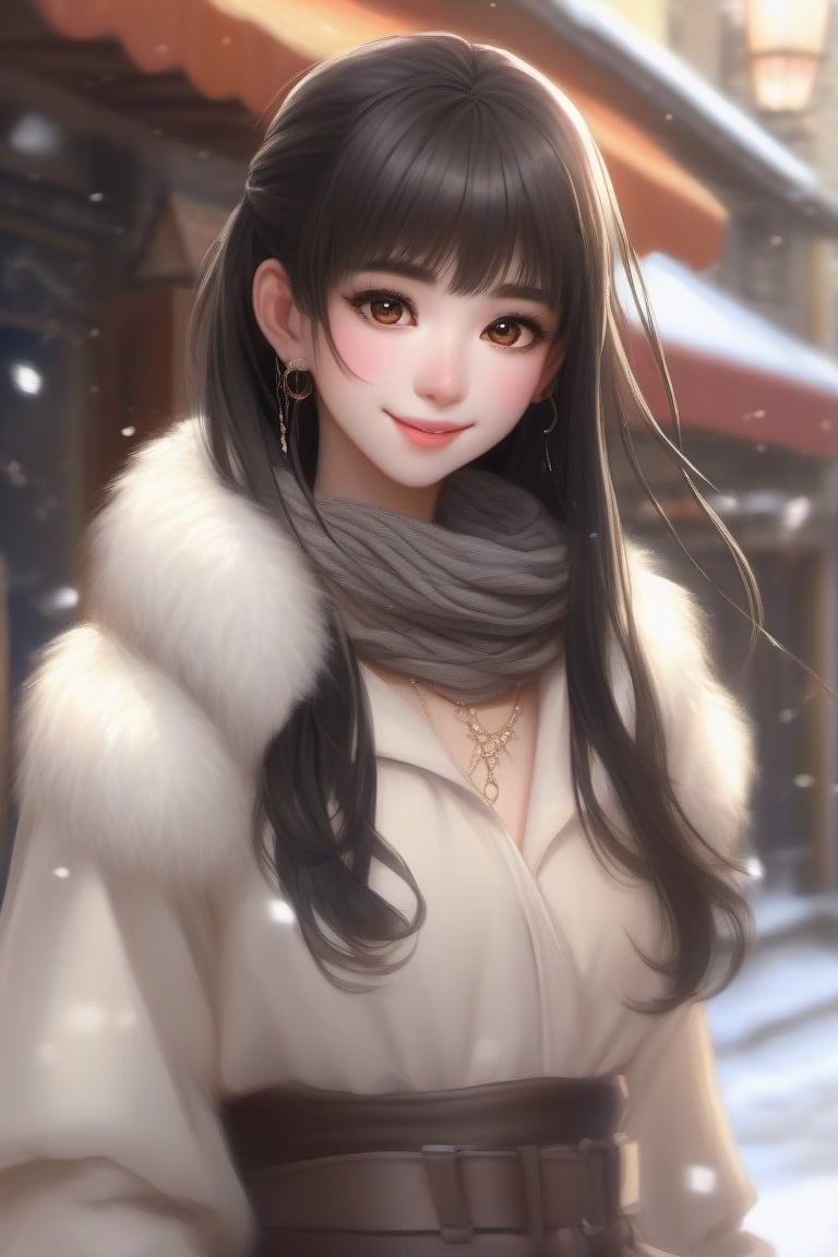 Beautiful and delicate light, (beautiful and delicate eyes), pale skin, big smile, (brown eyes), (black long hair), dreamy, medium chest, woman 1, (front shot), japen girl, bangs, soft expression, height 170, elegance, bright smile, 8k art photo, realistic concept art, realistic, portrait, necklace, small earrings, handbag, fantasy, jewelry, shyness, skirt, winter down parka, scarf, snowy street, footprints,Future girl, kama-yi, (kama-yi) Riding Cycle