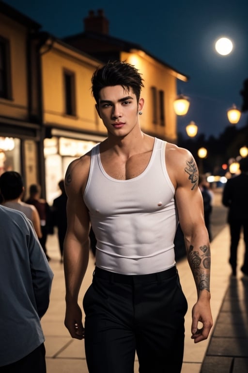 Imagine the following scene: A close-up photo for Instagram of a hansom man. The man is Italian, 25yo, muscular, full and pink lips. Dark brown hair, short hair, very straight hair. Tattoo on the arms. The man wears a tight-fitting sleeveless vest, showing off his beefy arms. Black dress pants tight to his body. Big ass, big crotch. The man walks confidently down a busy street. Male. Alfa male. Many details. Beautiful image of front pose. head to leg full portreat, looking towards the moon.
