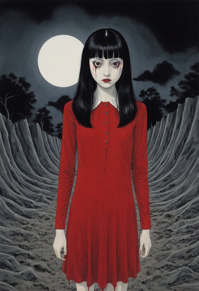  Junji Ito style, inspired horror illustration, one girl, bangs,((dimples)),((mole under eye:1.5)),((Tear mole)), the woman's pale face contrasting sharply with her long jet-black hair that hangs over her shoulders. She wears a form-fitting red and black dress,
A macabre mass of blood and flesh falls at the woman's feet,
Her eyes wide with a mixture of fear and determination, she has a bewitching presence as she moves through the surreal landscape with an eerie calm.
